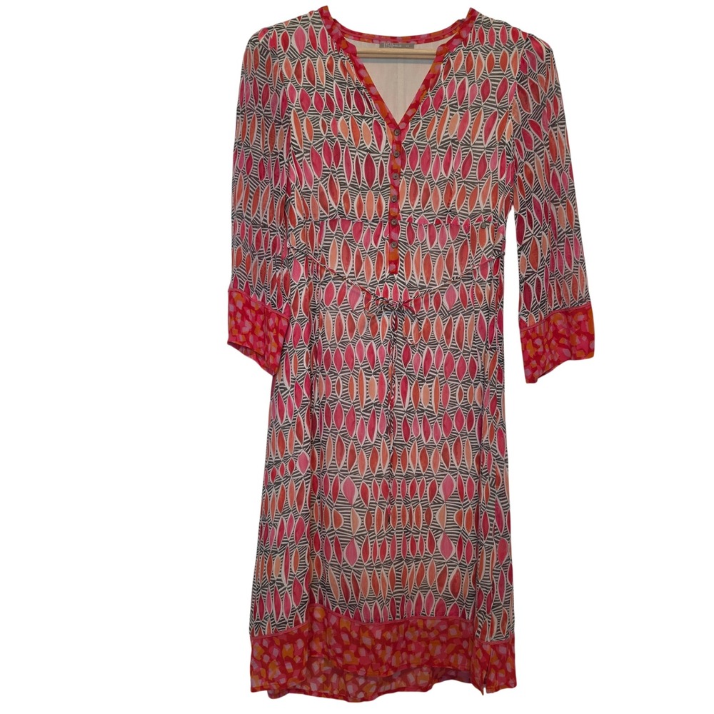 Nile Geometric Leaf Print V-Neck 3/4 Sleeve Pink Orange Shift Dress Size XS